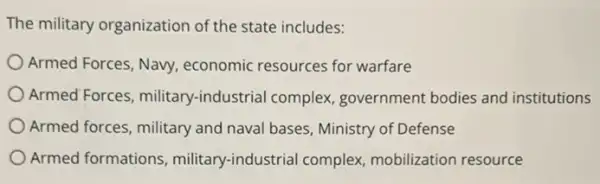 The military organization of the state includes:
Armed Forces, Navy economic resources for warfare
Armed Forces , military-industrial complex government bodies and institutions
Armed forces, military and naval bases, Ministry of Defense
Armed formations military-industrial complex mobilization resource