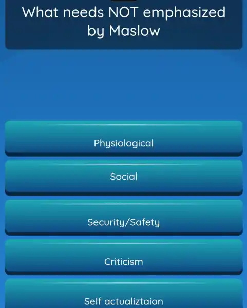 What needs NOT emphasized
by Maslow
Physiological
Social
Security/Safety
Criticism
Self actualiztaion