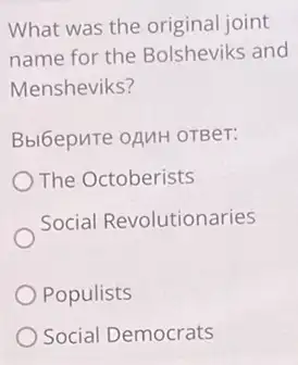 What was the original joint
name for the Bolsheviks and
Mensheviks?
Bbl6epure oAMH OTBeT:
The Octoberists
Social Revolutionaries
Populists
Social Democrats