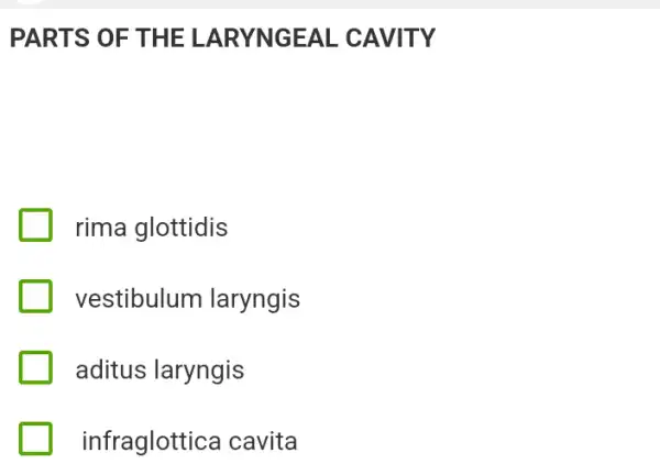 PARTS OF THE LARYNGEAL . CAVITY
rima glottidis
vestibulum laryngis
aditus laryngis
infraglottica I cavita