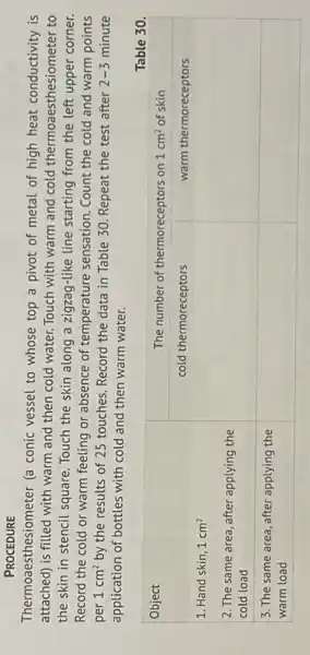 PROCEDURE
Thermoaesthesiometer (a conic vessel to whose top a pivot of metal of high heat conductivity is attached) is filled with warm and then cold water. Touch with warm and cold thermoaesthesiometer to the skin in stencil square. Touch the skin along a zigzag-like line starting from the left upper corner. Record the cold or warm feeling or absence of temperature sensation. Count the cold and warm points per 1 mathrm(~cm)^2 by the results of 25 touches. Record the data in Table 30. Repeat the test after 2-3 minute application of bottles with cold and then warm water.

 Object & multicolumn(2)(|c|)( Table 30. ) 
 1. Hand skin, 1 mathrm(~cm)^2 & 
The number of thermoreceptors on 1 mathrm(~cm)^2 of skin 
cold thermoreceptors
 & warm thermoreceptors 
 
2. The same area, after applying the 
cold load
 & & 
 
3. The same area, after applying the 
warm load
 & &