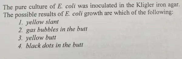 The pure culture of E. coli was inoculated in the Kligler iron agar.
The possible results of E. coli growth are which of the following:
1. yellow slant
2. gas bubbles in the butt
3. yellow butt
4. black dots in the butt