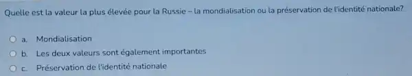 Quelle est la valeur la plus élevée pour la Russie - la mondialisation ou la préservation de l'identité nationale?
a. Mondialisation
b. Les deux valeurs sont également importantes
c. Préservation de l'identité nationale