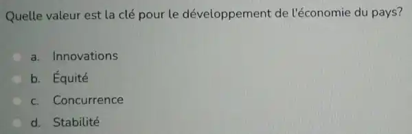 Quelle valeur est la clé pour le développement de l'économie du pays?
a Innovations
b. Equité
C Concurrence
d. Stabilité