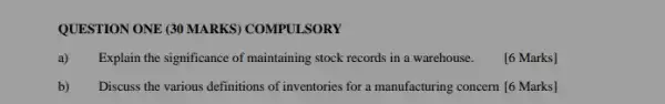 QUESTION ONE (30 MARKS)COMPULSORY
a) Explain the significance of maintaining stock records in a warehouse.
[6 Marks]
b) Discuss the various definitions of inventories for a manufacturing concern (6 Marks)