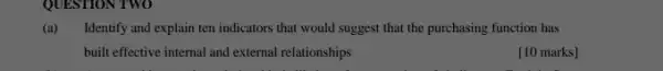 QUESTION TWO
(a) Identify and explain ten indicators that would suggest that the purchasing function has
built effective internal and external relationships
[10 marks]