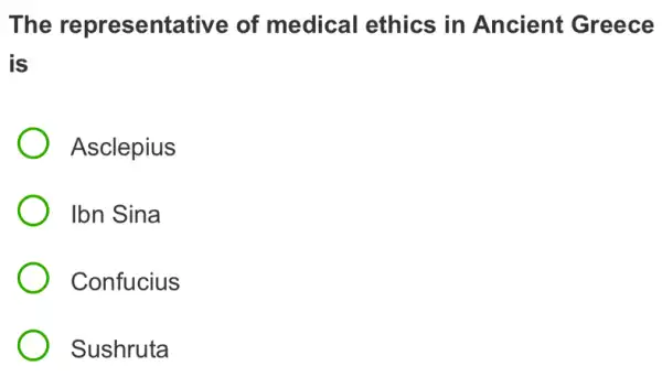 The representative of medical ethics in Ancient Greece
is
Asclepius
Ibn Sina
Confucius
Sushruta