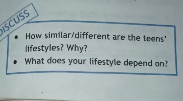 How similar/different are the teens'
lifestyles?? Why?
What does your lifestyle depend on?