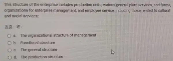 This structure of the enterprise includes production units , various general plant services, and farms,
organizations for enterprise management,and employee service, including those related to cultural
and social services:
If If I
a. The organizational structure of management
b. Functional structure
c. The general structure
d. The production structure