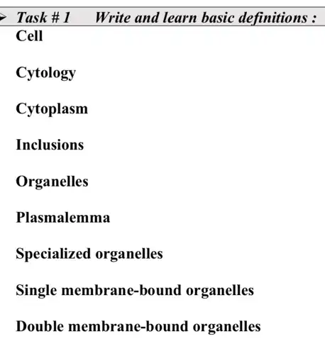 Task#1 Write and learn basic definitions :
Cell
Cytology
Cytoplasm
Inclusions
Organelles
Plasmalemma
Specialized organelles
Single membrane-bound organelles
Double membrane-bound organelles