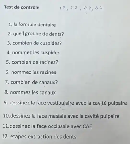 Test de contrôle
1. la formule dentaire
2. quell groupe de dents?
3. combien de cuspides?
4. nommez les cuspides
5. combien de racines?
6. nommez les racines
7. combien de canaux?
8. nommez les canaux
9. dessinez la face vestibulaire avec la cavité pulpaire
10.dessinez la face mesiale avec la cavité pulpaire
11.dessinez la face occlusale avec CAE
12. étapes extraction des dents