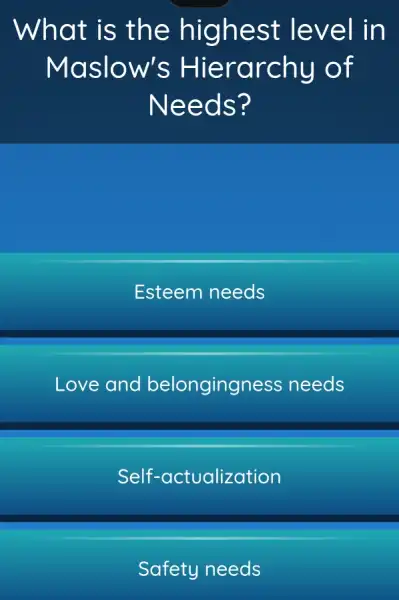 What is th e highest level in
Maslow 's Hierarchy of
Needs?
Esteem needs
Love and belongingr less needs
Self-actualization
Safety needs