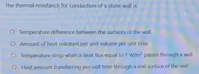 The thermal resistance for conduction of a plane wall is
Temperature difference between the surfaces of the wall
Amount of heat released per unit volume per unit time
Temperature drop when a heat flux equal to 1W/m^2 passes through a wall
Heat amount transferring per unit time through a unit surface of the wall