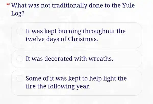 What was not traditionally done to the Yule
Log?
It was kept burning throughout the
twelve days of Christmas.
It was decorated with wreaths.
Some of it was kept to help light the
fire the following year.