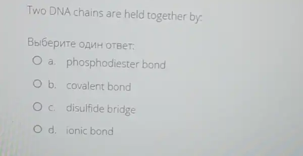 Two DNA chains are held together by:
Bbl6epute onuH OTBeT:
a. phosphodiester bond
b. covalent bond
c. disulfide bridge
d. ionic bond