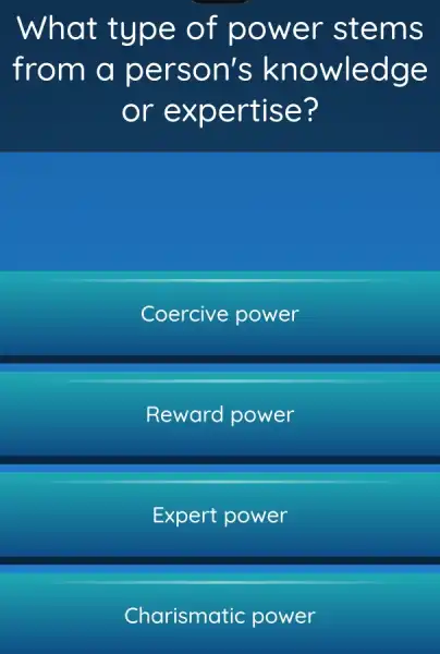 What ty pe of p ower stems
from a pe rson 's kno wledge
or ex pertis e?
Coercive power
Reward power
Expert power
Charismatic power