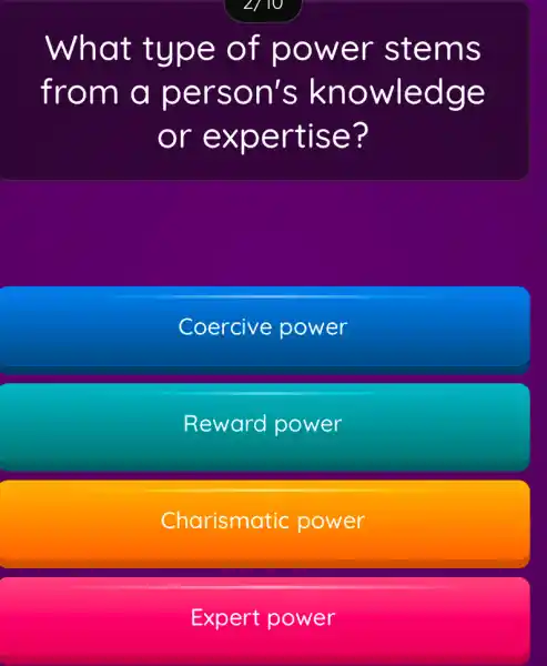 What ty pe of powe r stems
from a pers on's k now ledge
or ex pert ise?
Coercive power
Reward power
Charismatic power
Expert power