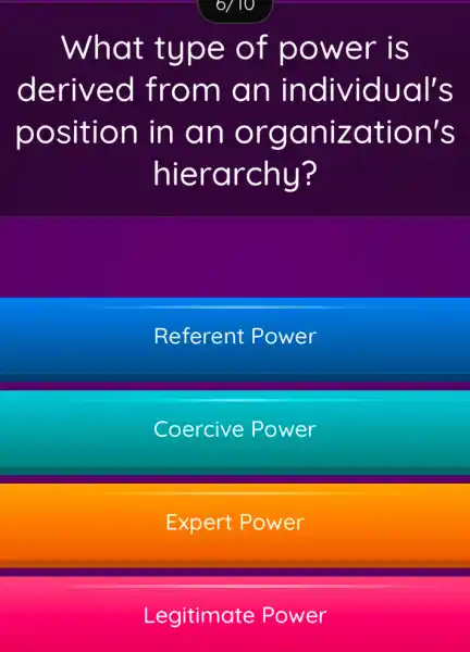 Wh at typ e of pow er is
derived from an uars
position in an o rgan ization's
hierar chu?
Referent Power
Coercive : Power
Expert Power
Legitimate Power