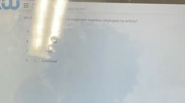 What
arrangement organizes employees by activity?
A
B	id
C	hybrid
D	functional