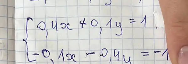 {0,4 x+0,1 y=1 -0,1 x-0,4 y=-1.