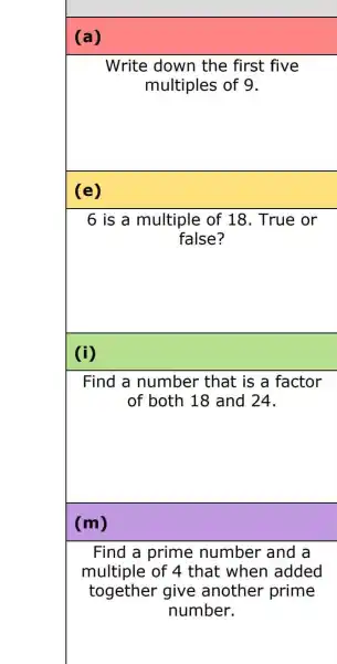 (a)
(e)
6 is a multiple of 18 True or
false
of both 18 and 24
Find a number that is a factor
(m)
Find a prime number and a
multiple of 4 that when added
together give another prime
number.
Write down the first five
multiples of 9