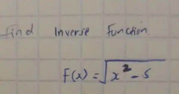 find Inverse function.
[
f(x)=sqrt(x^2)-5
]