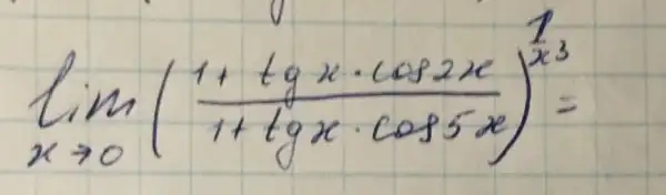 lim _(x arrow 0)((1+operatorname(tg) x cdot cos 2 x)/(1+operatorname(tg) x cdot cos 5 x))^(1)/(x^(3))=